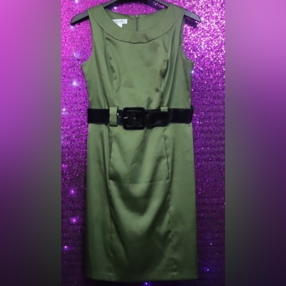 Vintage Dress Barn Belted Pocketed Pencil Dress size  10P Green Muted Earth-tone